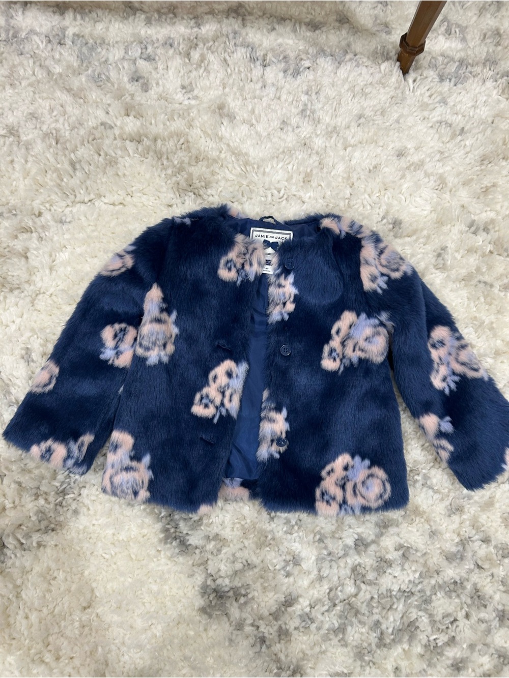 Janie and Jack Kids Navy Faux Fur 2T Coat with Pale Pink Floral Print NEW